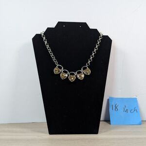 Silver Tone Heart Rhinestone Necklace 18” Crystal Charm Statement